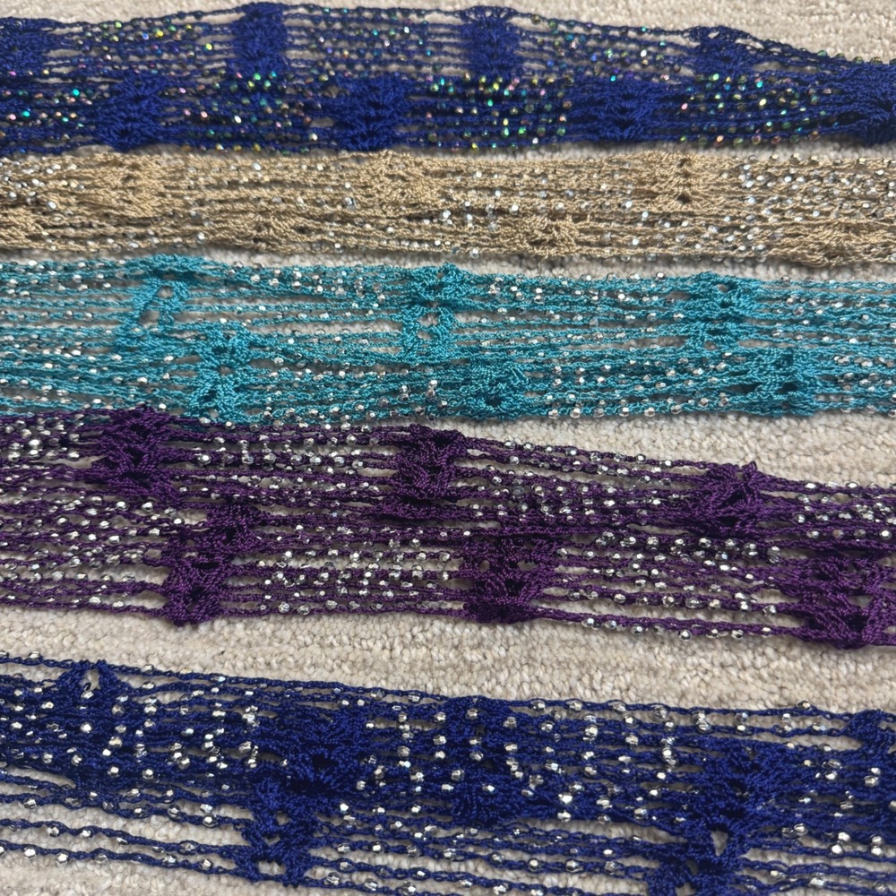Lot of 5 Crochet Beaded Knit Fringe Skinny Scarf Multi Strand Necklace Boho - Picture 5 of 5